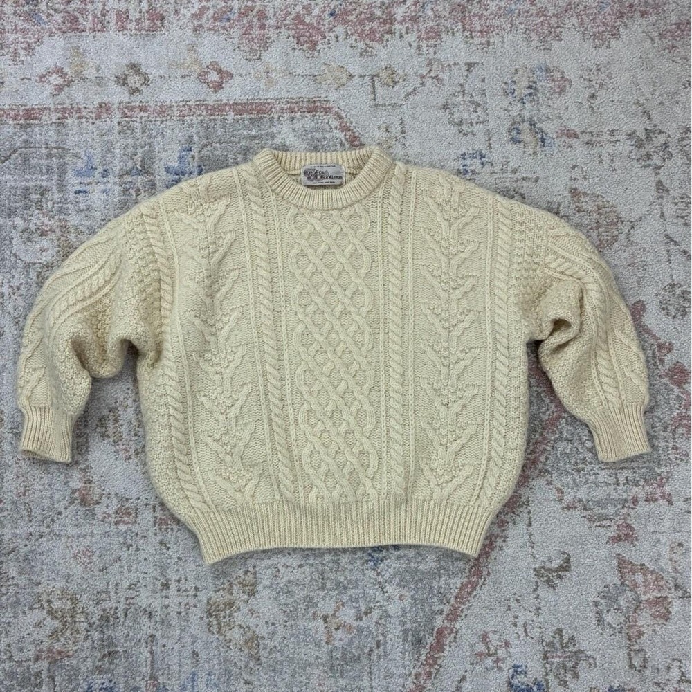 80's Vintage Fisherman Chunky Cable Knit Cream 100% Wool Sweater  Great Britain